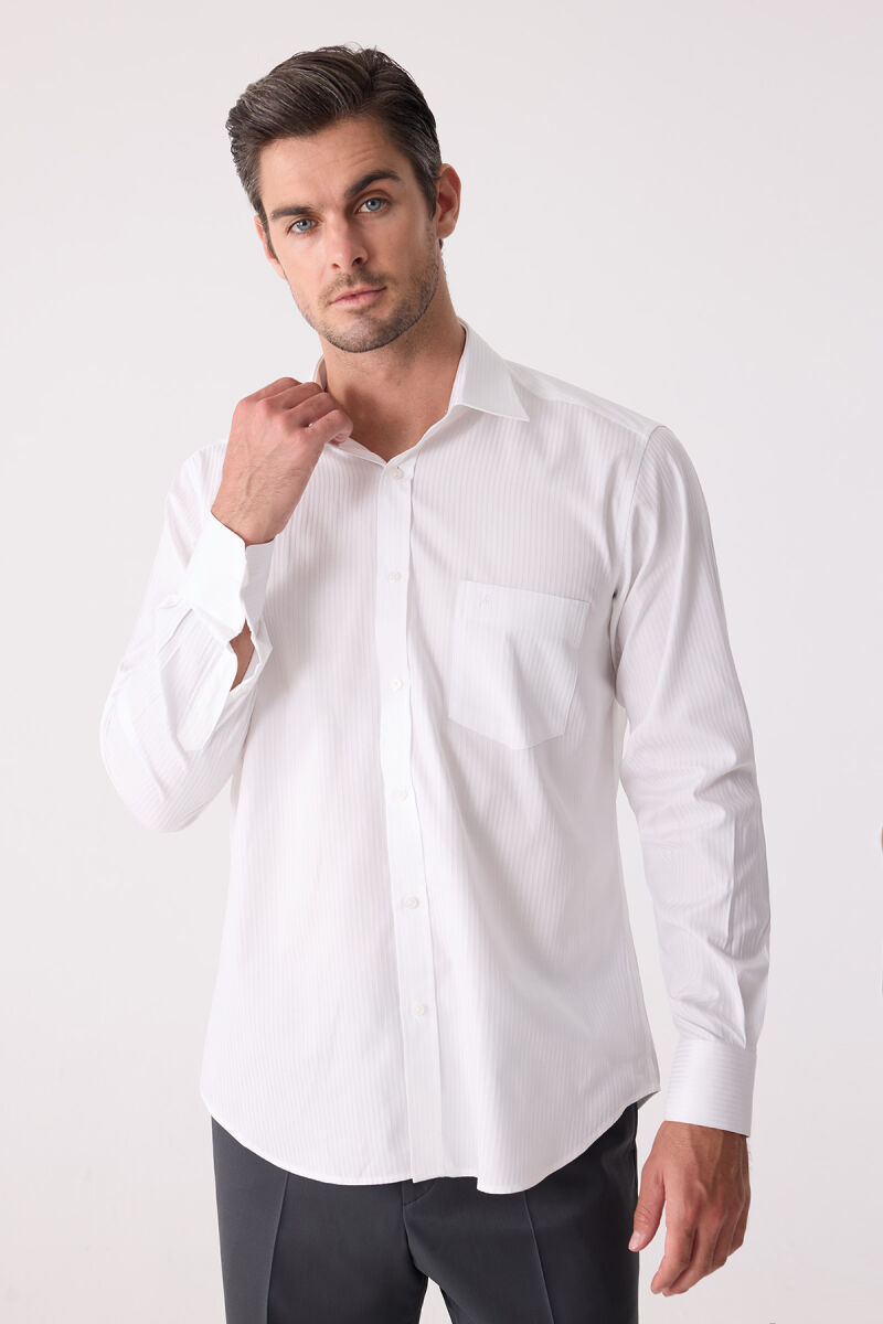 Erkek Beyaz Uzun Kol Klasik Kesim Çizgili Gömlek - 5
