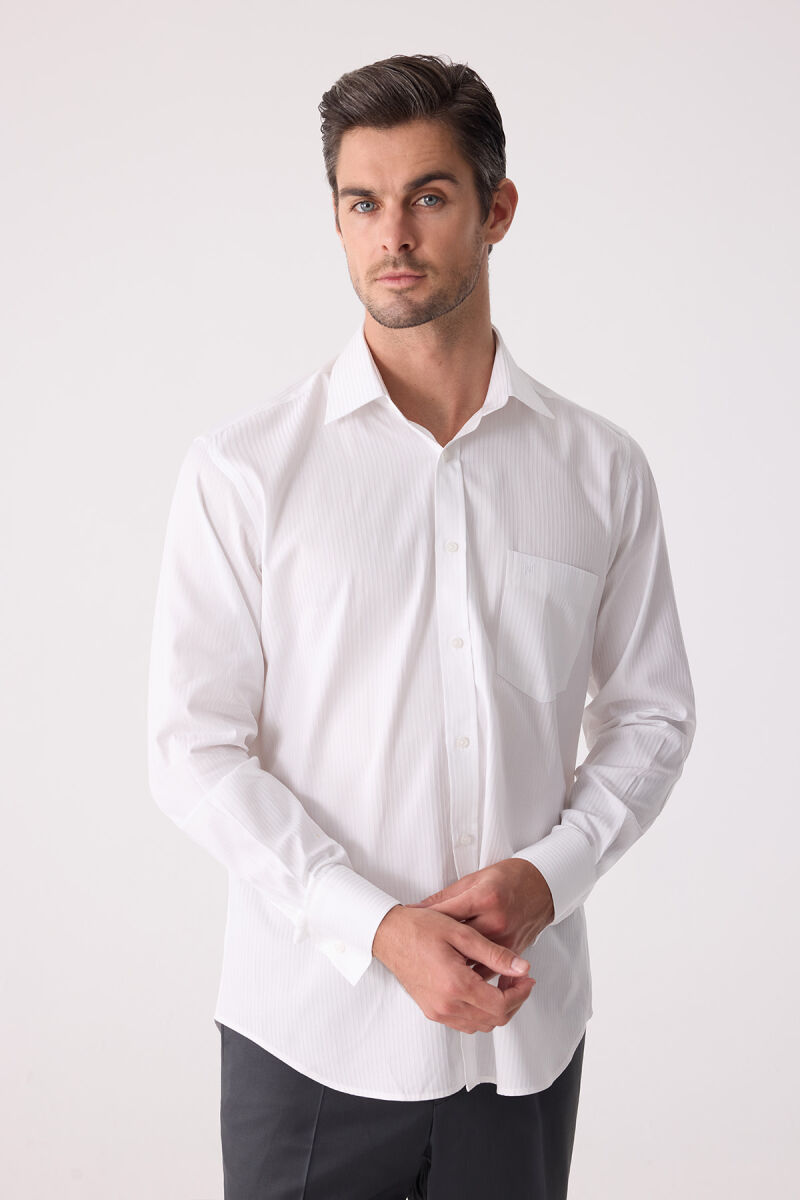 Erkek Beyaz Uzun Kol Klasik Kesim Çizgili Gömlek - 6