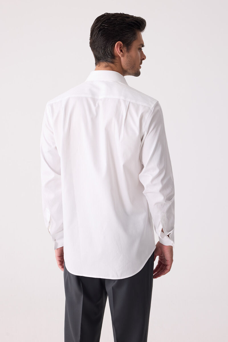 Erkek Beyaz Uzun Kol Klasik Kesim Çizgili Gömlek - 8
