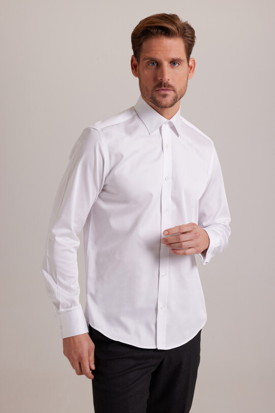 Erkek Beyaz Uzun Kol Slim Fit Saten Gömlek