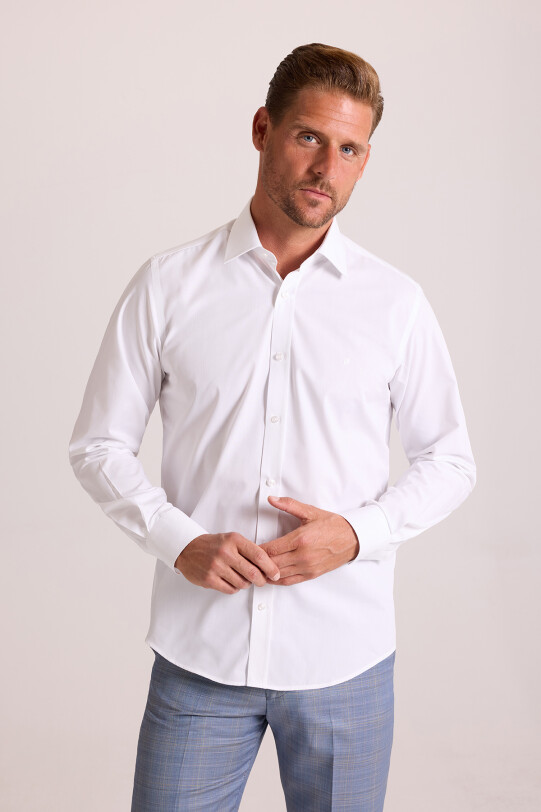 Erkek Beyaz Yarım İtalyan Slim Fit Uzun Kol Gömlek