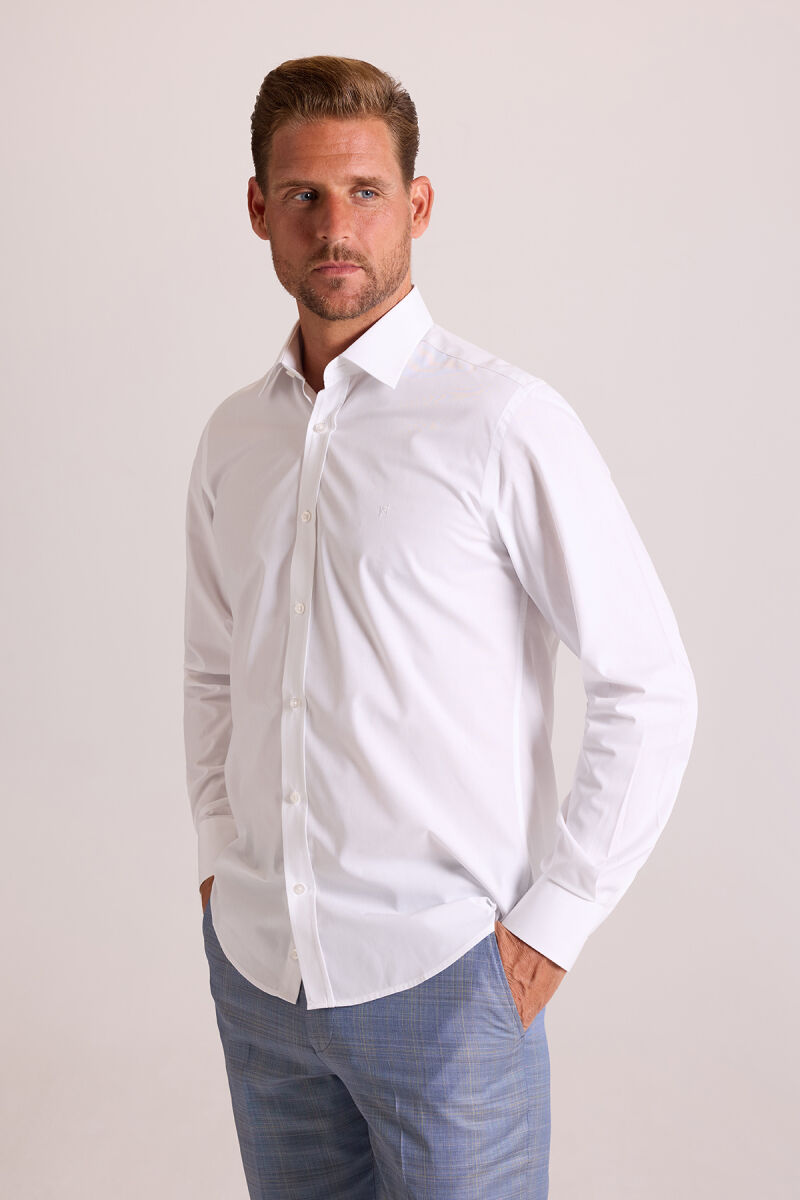 Erkek Beyaz Yarım İtalyan Slim Fit Uzun Kol Gömlek - 2