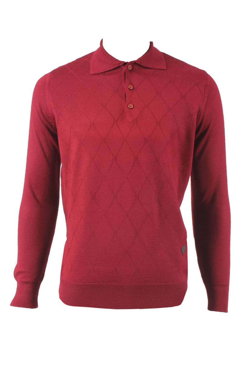 Erkek Bordo Polo Yaka Desenli Klasik Triko - 1