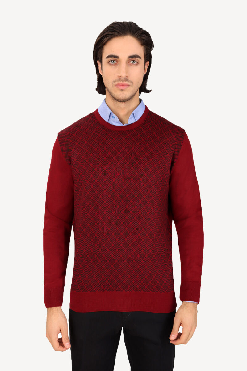 Erkek Bordo Bisiklet Yaka Desenli Klasik Triko - 1