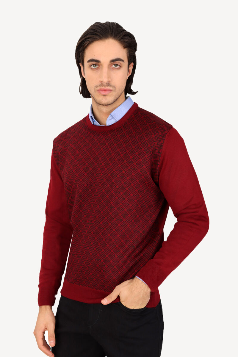 Erkek Bordo Bisiklet Yaka Desenli Klasik Triko - 2