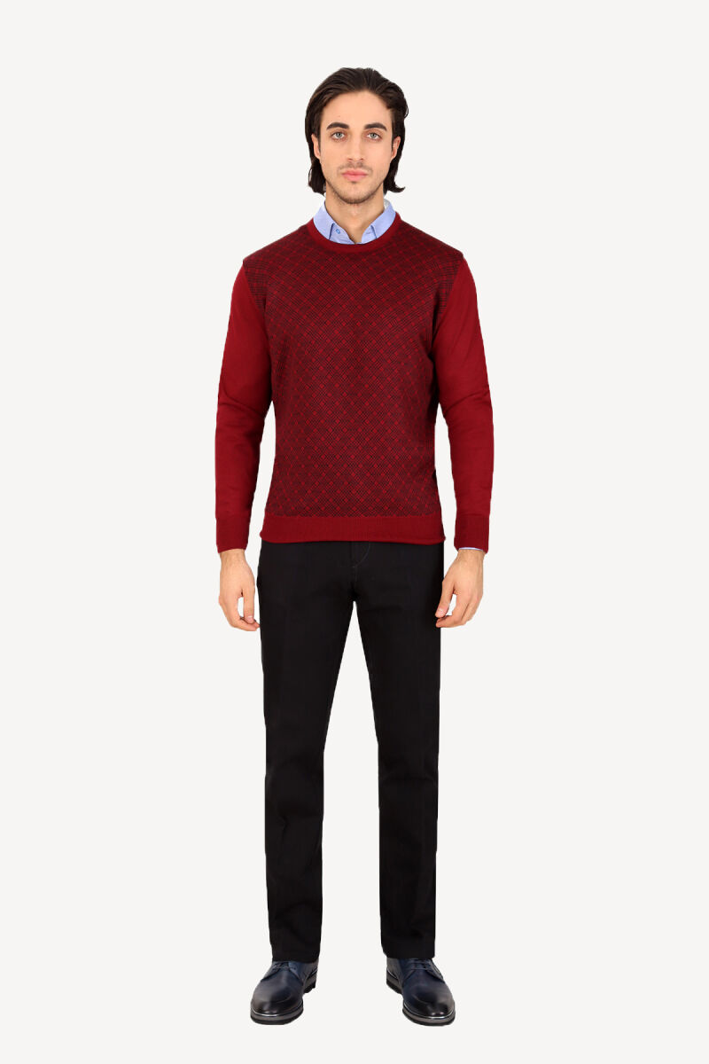 Erkek Bordo Bisiklet Yaka Desenli Klasik Triko - 3