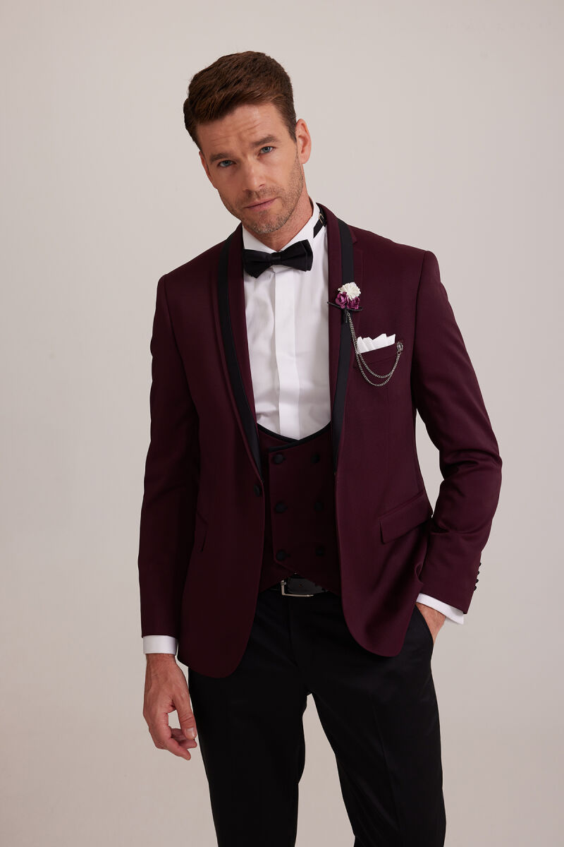 Erkek Bordo Çıkma Şal Yaka Slim Fit Damatlık - 3