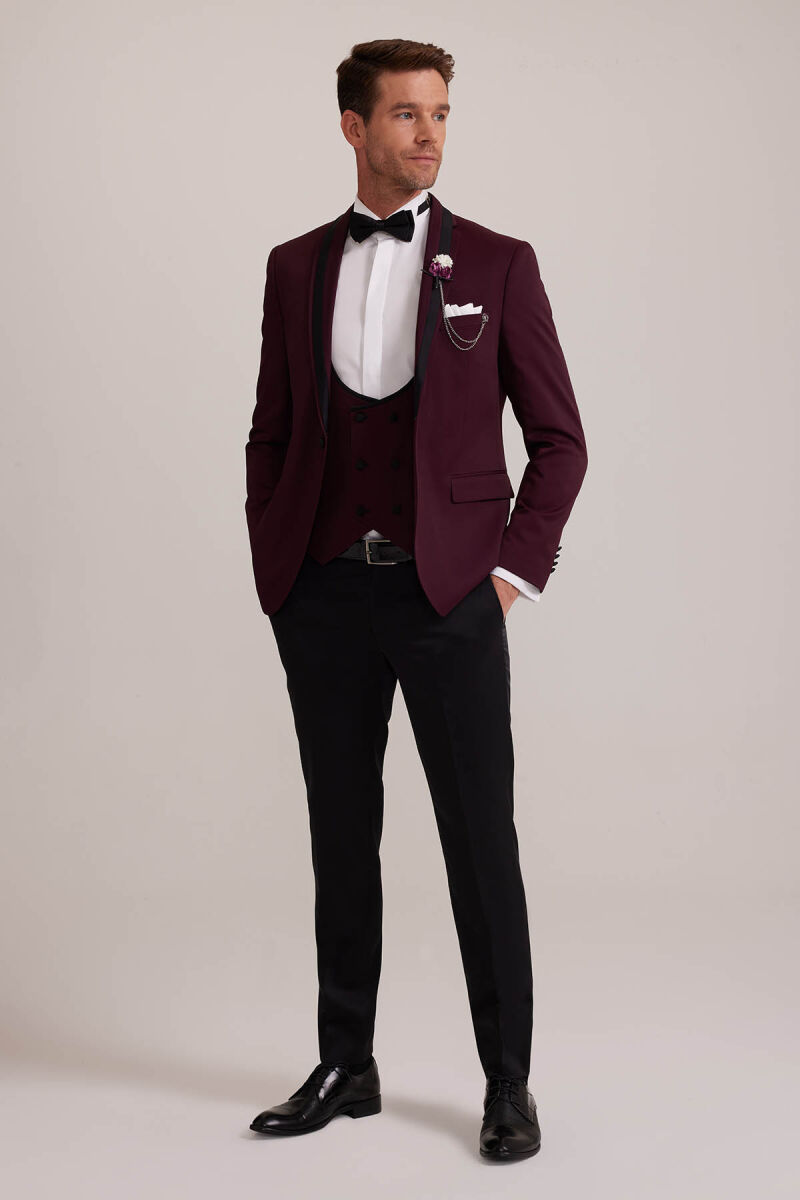 Erkek Bordo Çıkma Şal Yaka Slim Fit Damatlık - 2