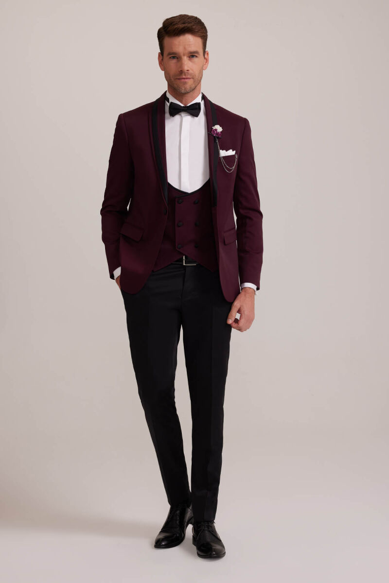 Erkek Bordo Çıkma Şal Yaka Slim Fit Damatlık - 1