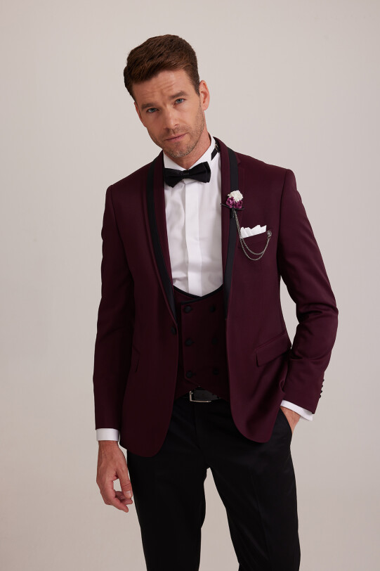 Erkek Bordo Çıkma Şal Yaka Slim Fit Damatlık