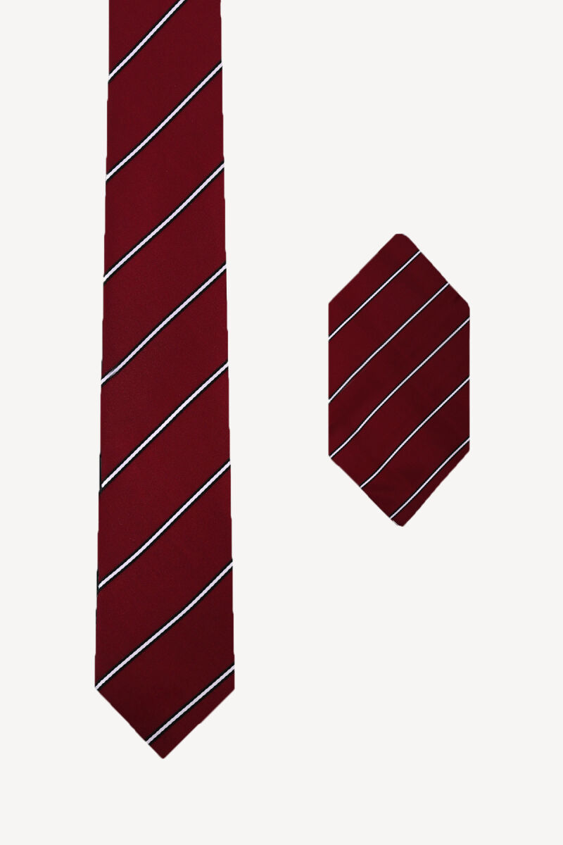 Erkek Bordo Çizgili Kravat Mendil Set - 1