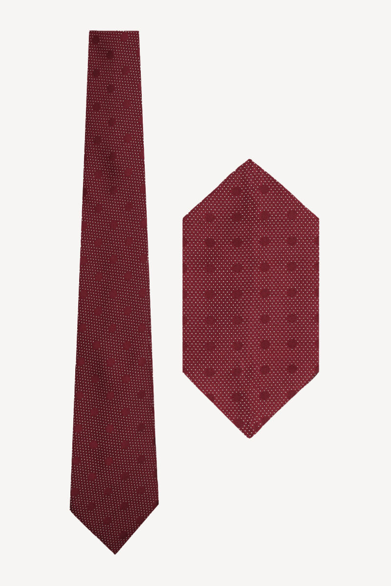 Erkek Bordo Desenli Kravat Mendil Set - 1
