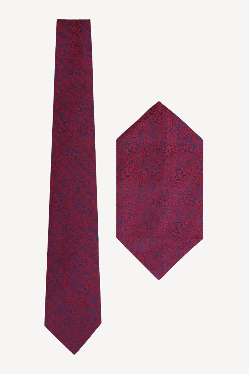Erkek Bordo Desenli Kravat Mendil Set - 1
