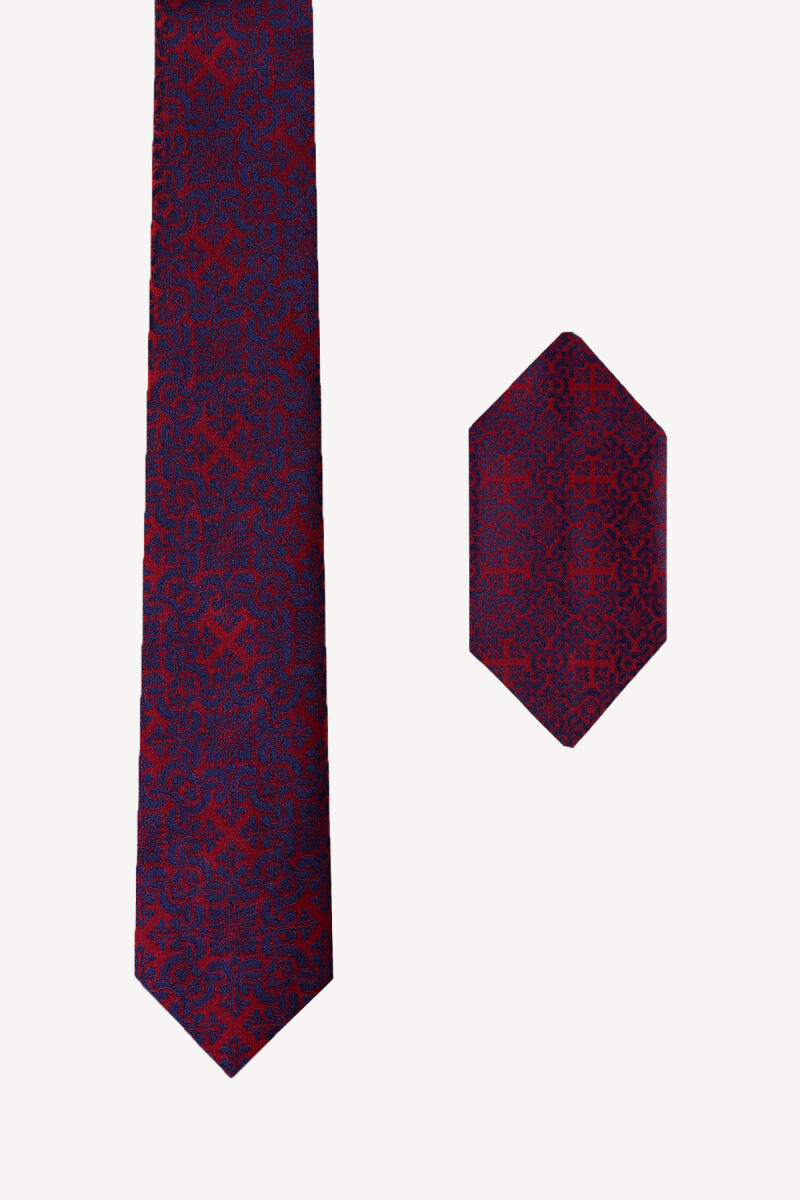 Erkek Bordo Desenli Kravat Mendil Set - 1