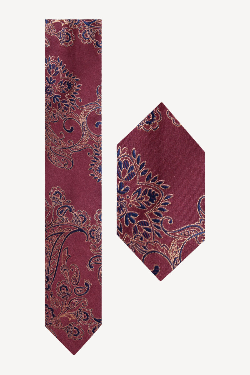 Erkek Bordo Desenli Kravat Mendil Set - 1
