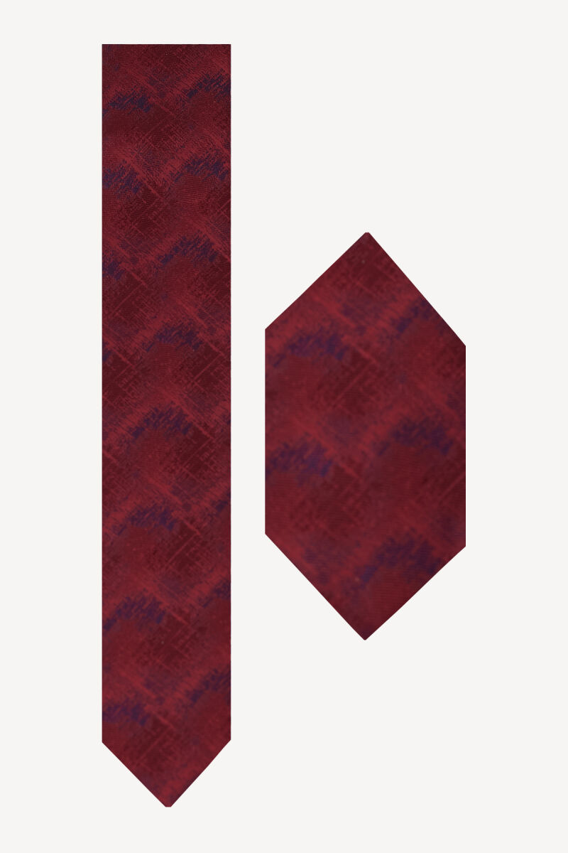 Erkek Bordo Desenli Kravat Mendilli Set - 1