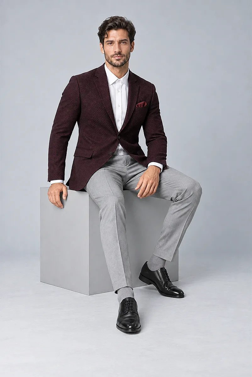 Erkek Bordo Desenli Spor Yünlü Ceket - 3