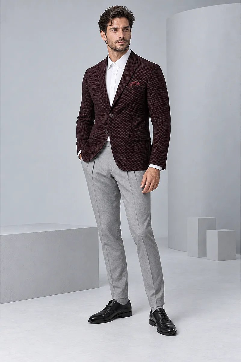 Erkek Bordo Desenli Spor Yünlü Ceket - 6