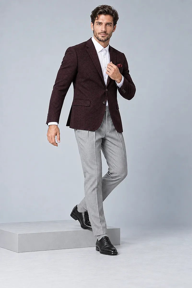 Erkek Bordo Desenli Spor Yünlü Ceket - 8
