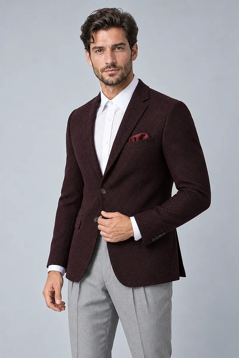 Erkek Bordo Desenli Spor Yünlü Ceket - 5
