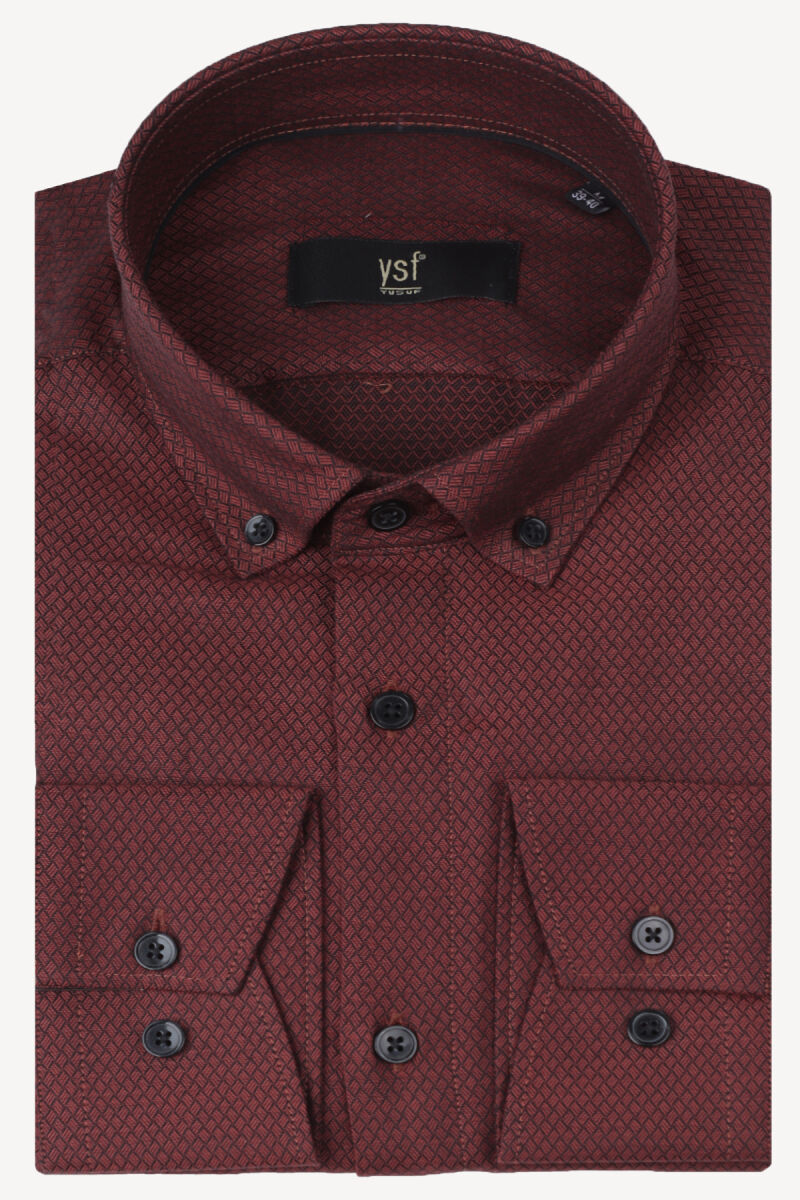 Erkek Bordo Desenli Uzun Kol Slim Fit Gömlek - 3