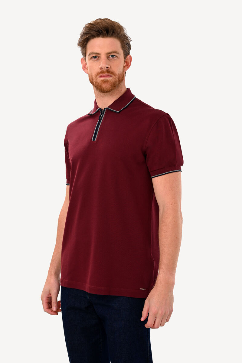 Erkek Bordo Fermuarlı Polo Yaka Regular Fit Tshirt - 1