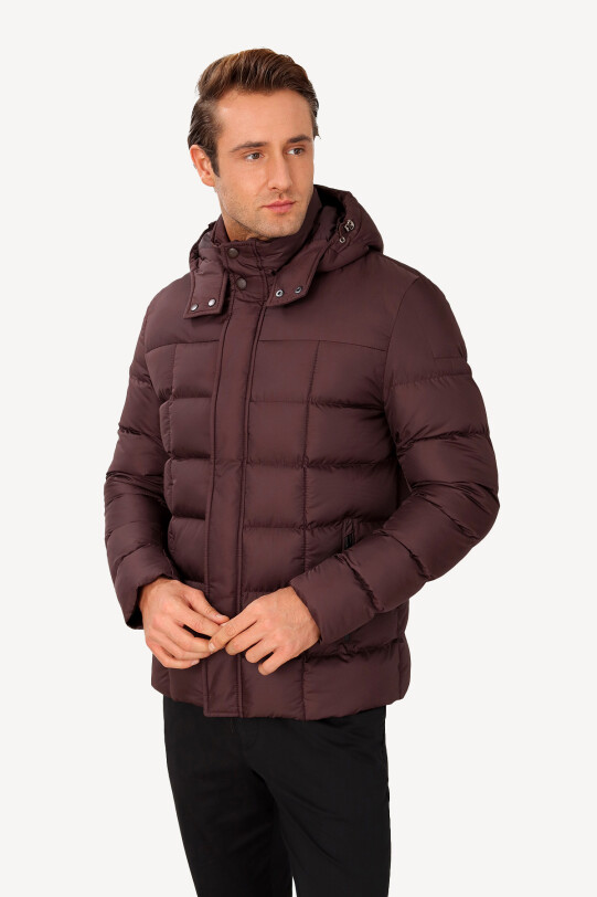 Erkek Bordo Kapüşonlu Klasik Kaban