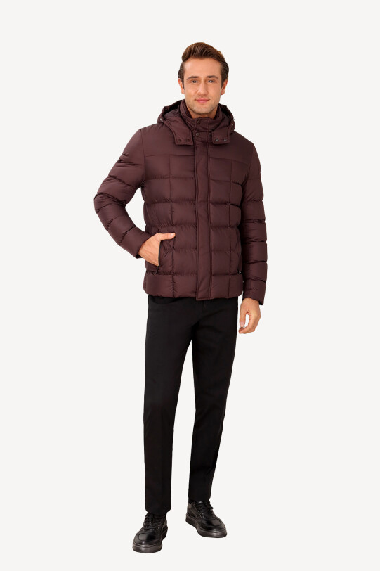 Erkek Bordo Kapüşonlu Klasik Kaban