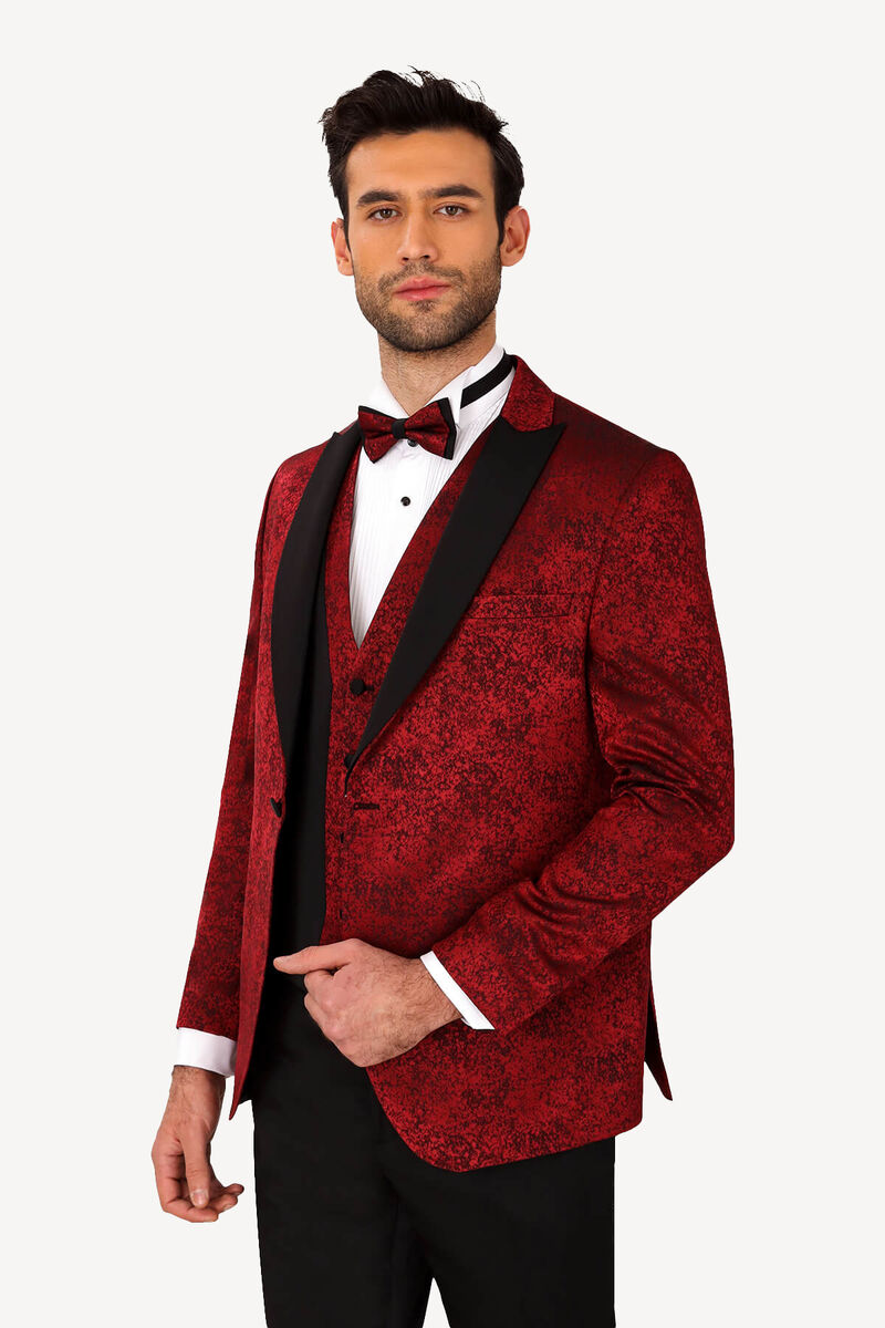 Erkek Bordo Kırlangıç Yaka Yelekli Slim Fit Desenli Damatlık - 2