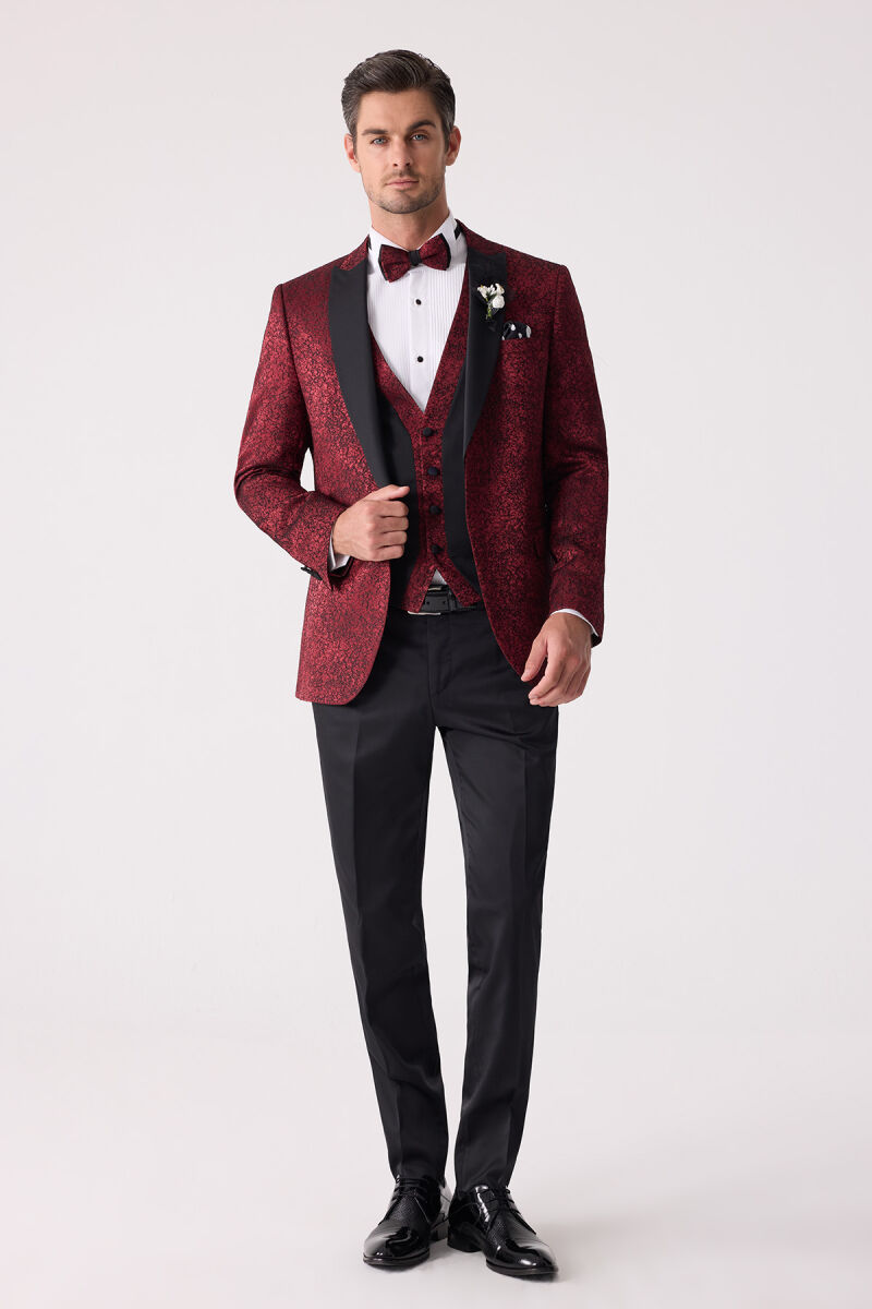Erkek Bordo Kırlangıç Yaka Yelekli Slim Fit Desenli Damatlık - 1