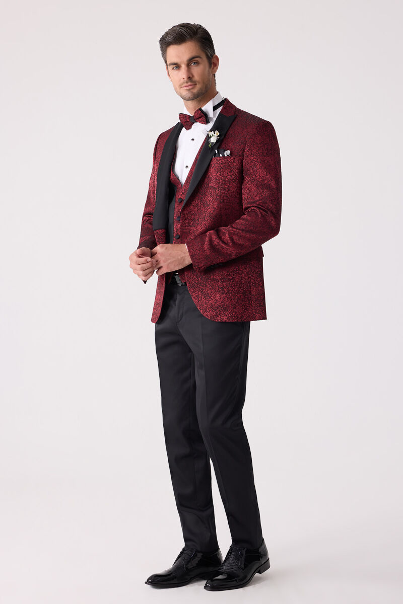 Erkek Bordo Kırlangıç Yaka Yelekli Slim Fit Desenli Damatlık - 2