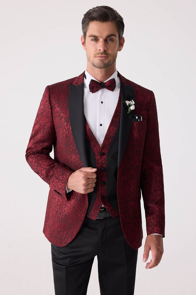 Erkek Bordo Kırlangıç Yaka Yelekli Slim Fit Desenli Damatlık - 3
