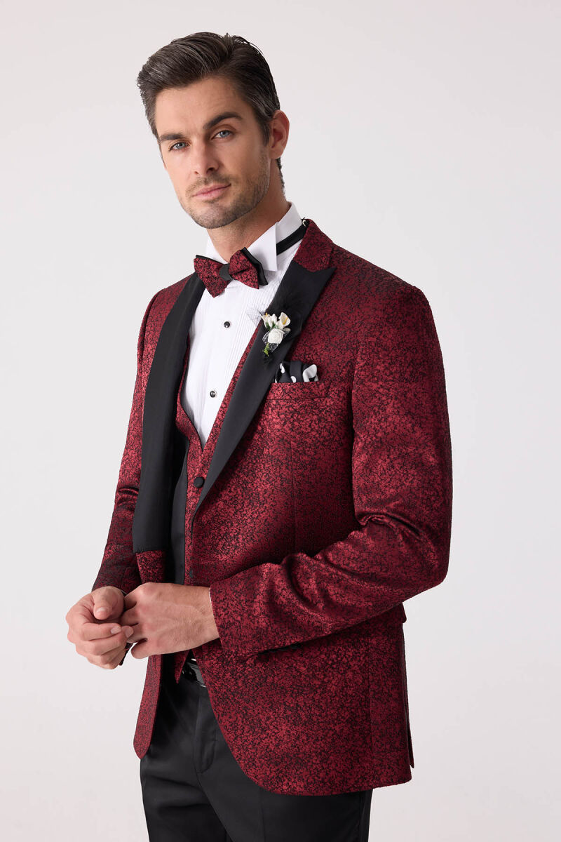 Erkek Bordo Kırlangıç Yaka Yelekli Slim Fit Desenli Damatlık - 4