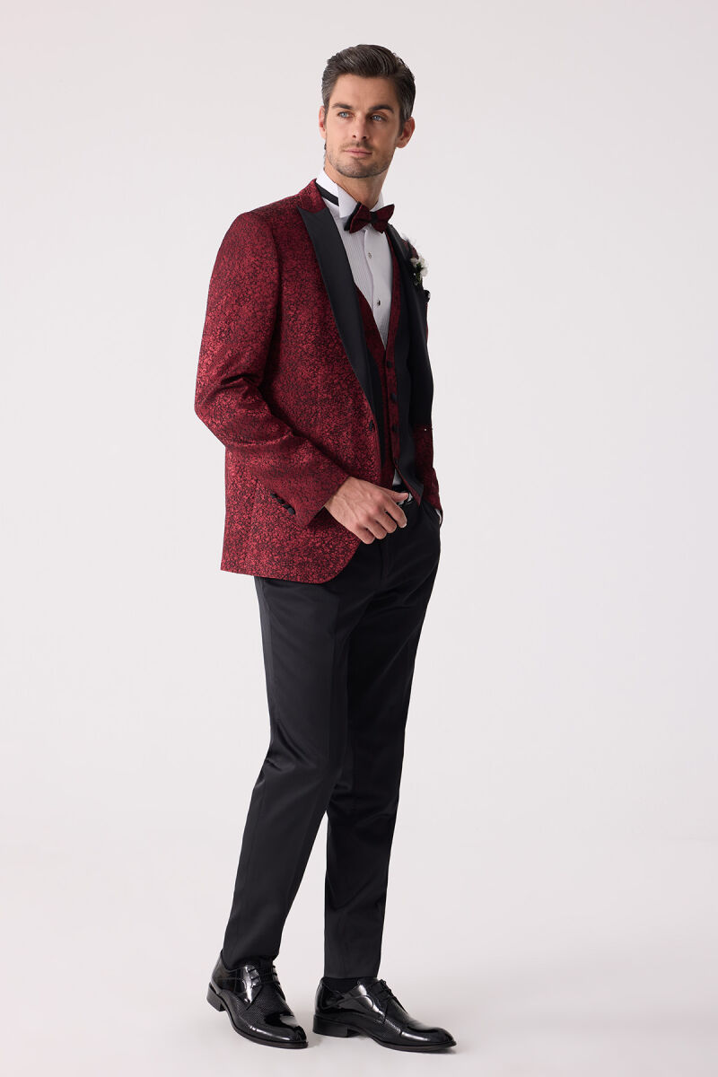 Erkek Bordo Kırlangıç Yaka Yelekli Slim Fit Desenli Damatlık - 5
