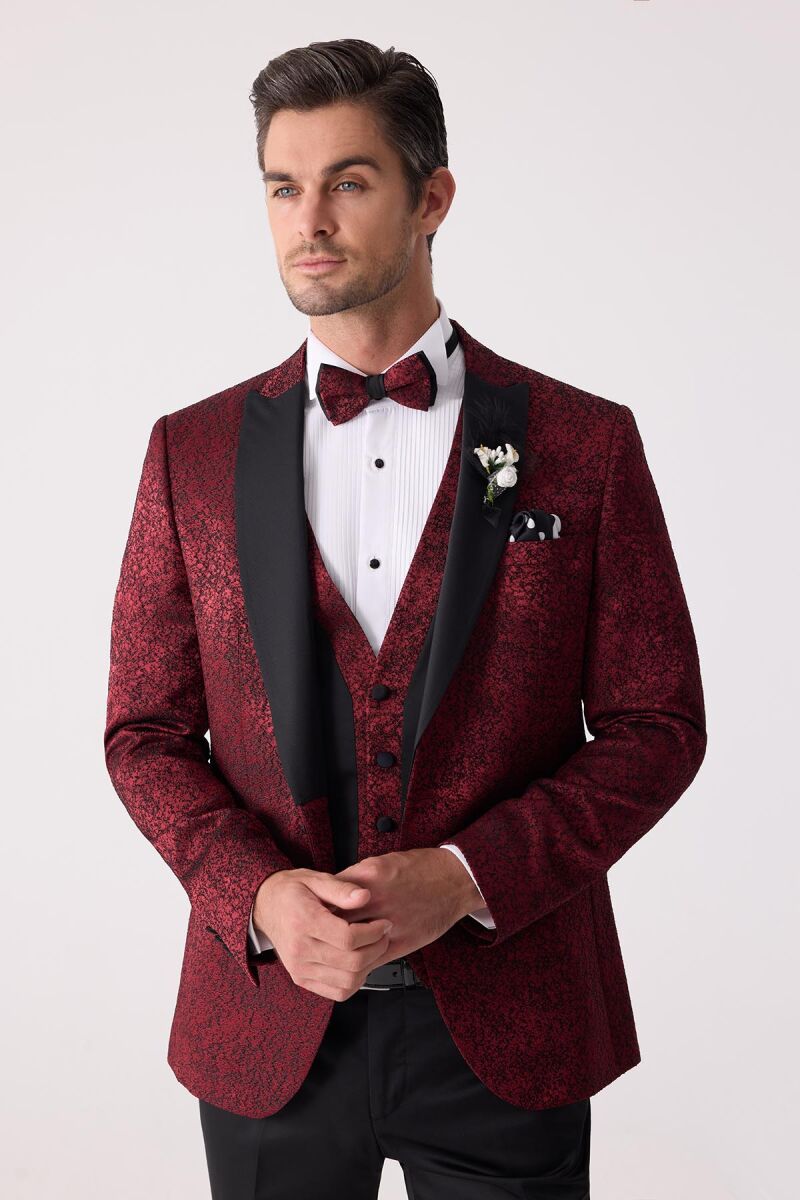 Erkek Bordo Kırlangıç Yaka Yelekli Slim Fit Desenli Damatlık - 6