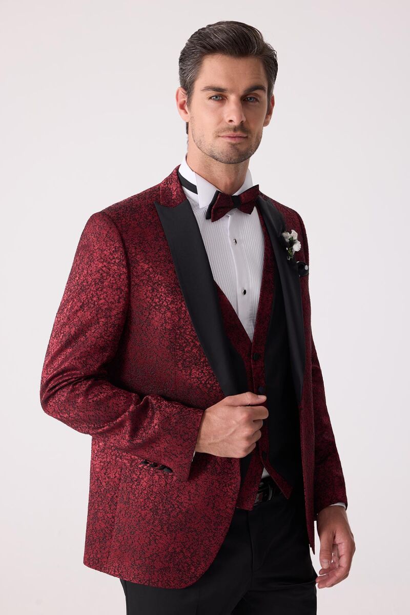 Erkek Bordo Kırlangıç Yaka Yelekli Slim Fit Desenli Damatlık - 7