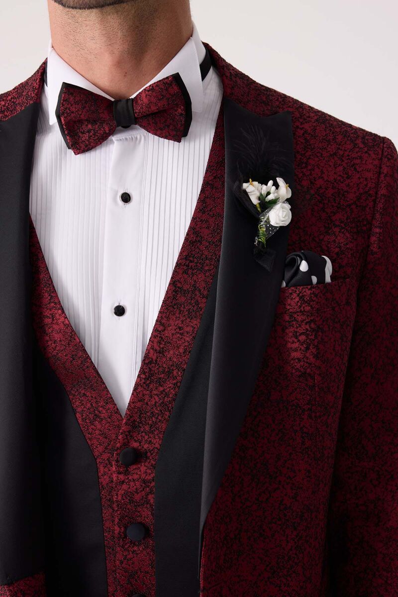 Erkek Bordo Kırlangıç Yaka Yelekli Slim Fit Desenli Damatlık - 8