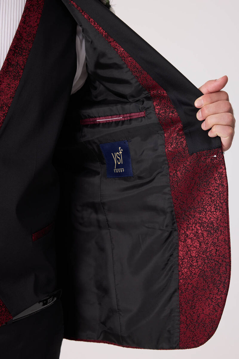 Erkek Bordo Kırlangıç Yaka Yelekli Slim Fit Desenli Damatlık - 9
