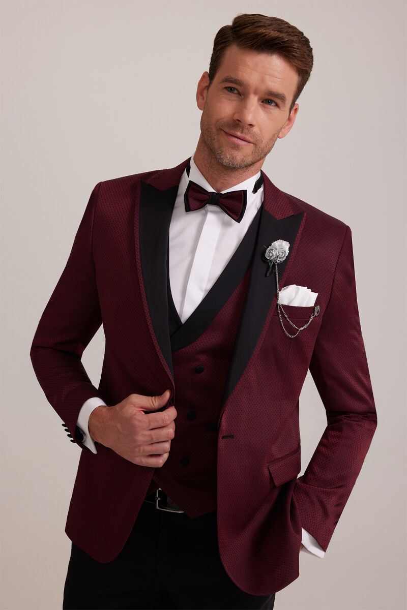 Erkek Bordo Kırlangıç Yaka Yelekli Slim Fit Desenli Damatlık - 7