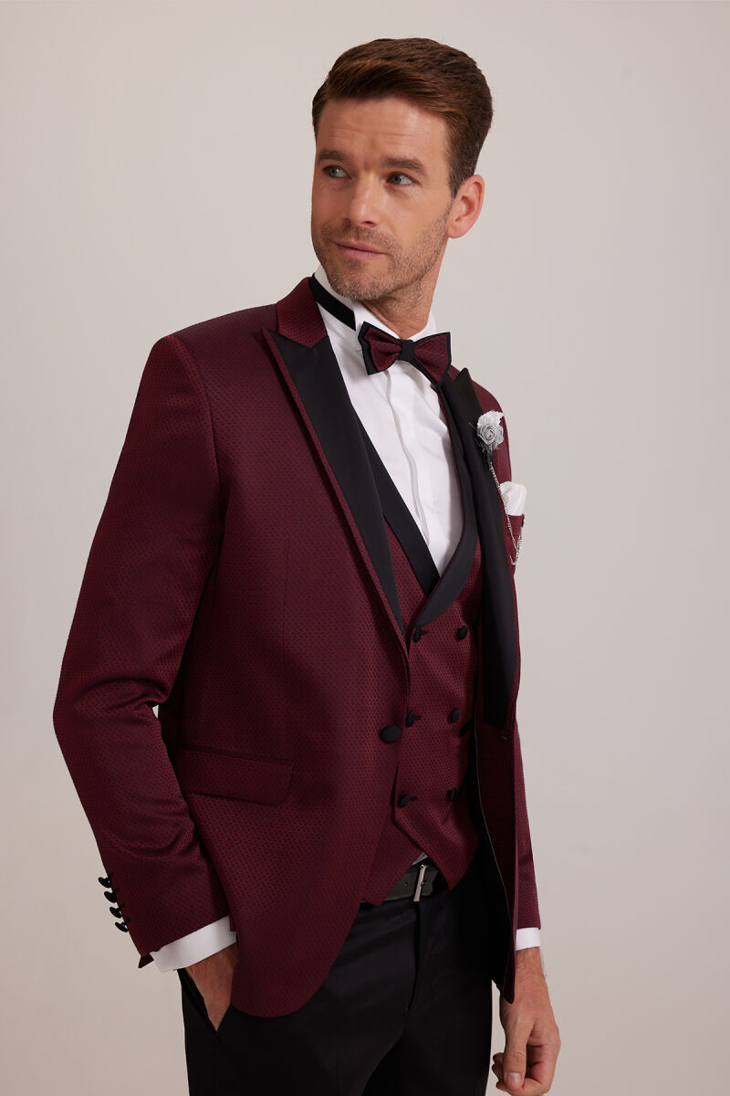 Erkek Bordo Kırlangıç Yaka Yelekli Slim Fit Desenli Damatlık - 6