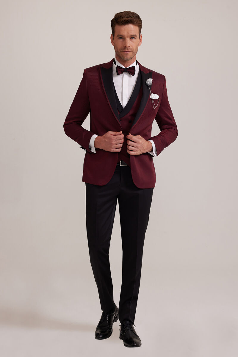 Erkek Bordo Kırlangıç Yaka Yelekli Slim Fit Desenli Damatlık - 3