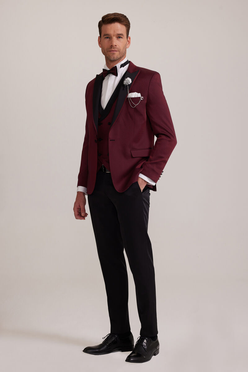 Erkek Bordo Kırlangıç Yaka Yelekli Slim Fit Desenli Damatlık - 2