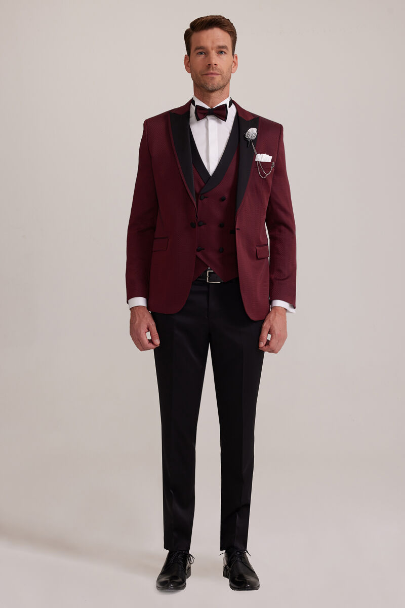 Erkek Bordo Kırlangıç Yaka Yelekli Slim Fit Desenli Damatlık - 1