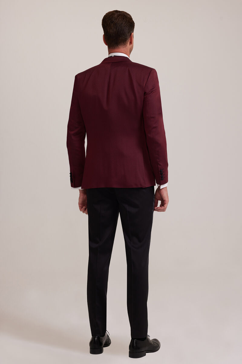 Erkek Bordo Kırlangıç Yaka Yelekli Slim Fit Desenli Damatlık - 10