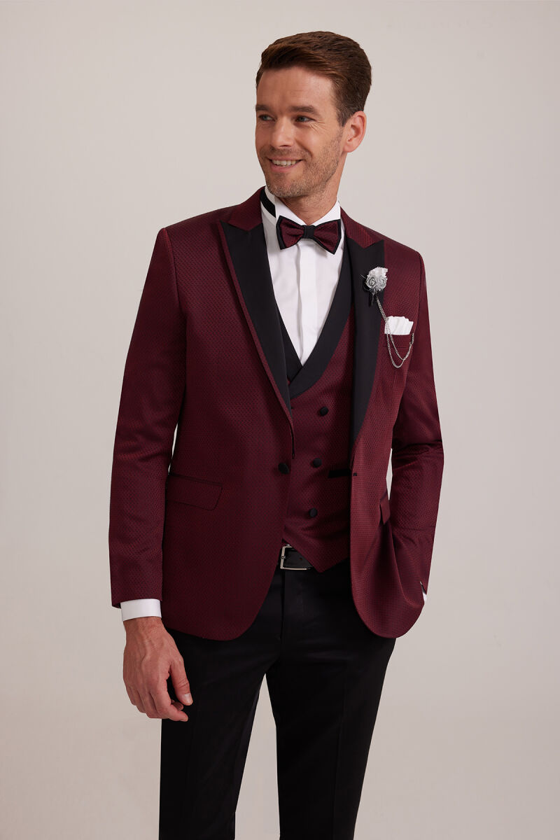 Erkek Bordo Kırlangıç Yaka Yelekli Slim Fit Desenli Damatlık - 4