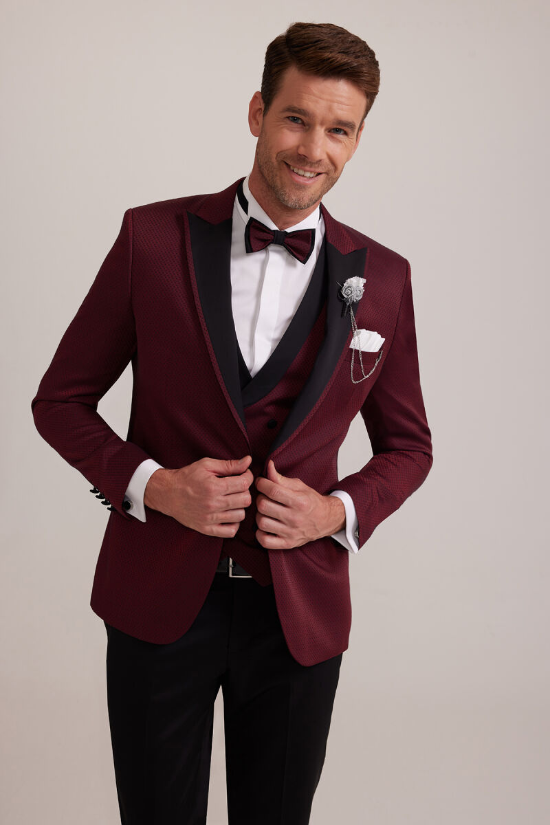 Erkek Bordo Kırlangıç Yaka Yelekli Slim Fit Desenli Damatlık - 5