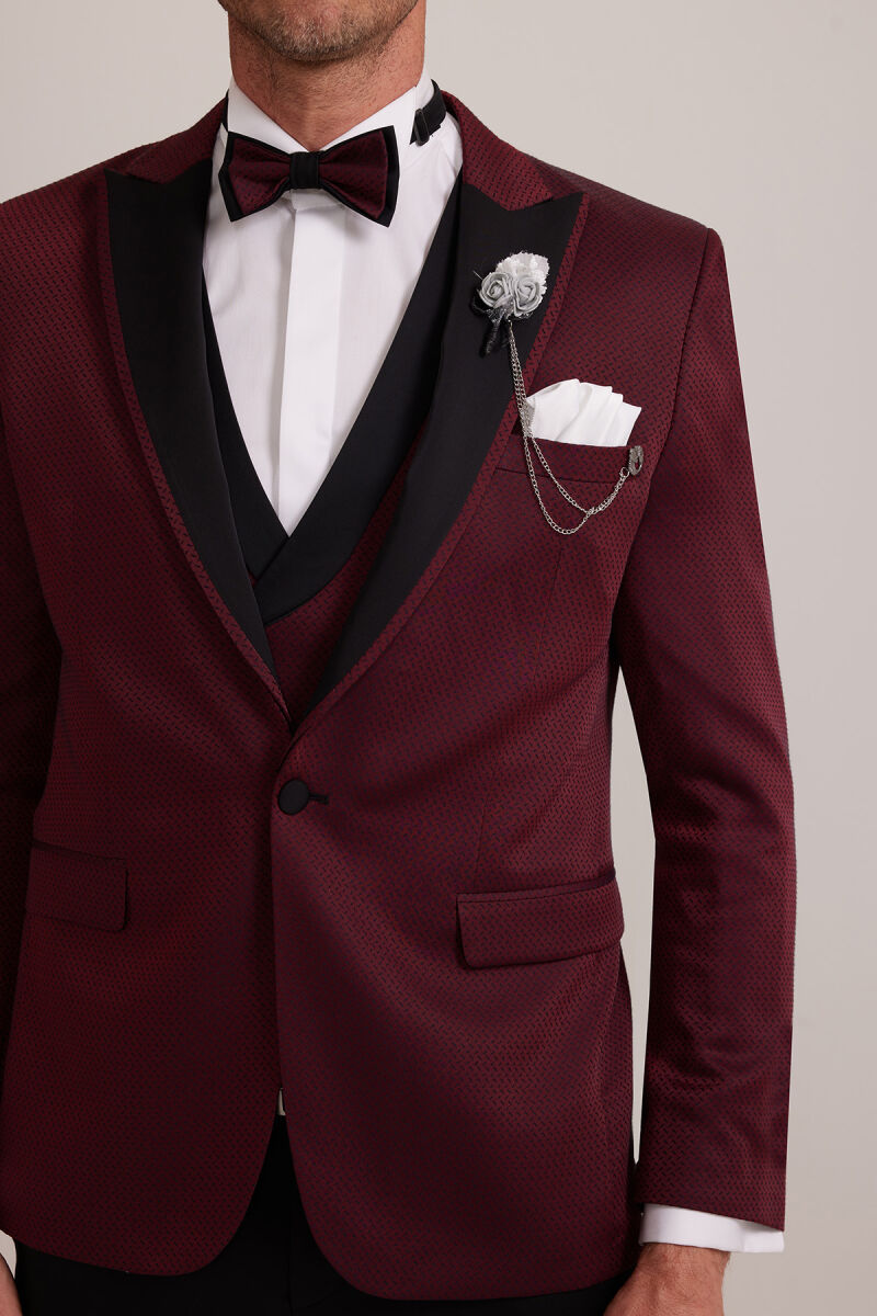 Erkek Bordo Kırlangıç Yaka Yelekli Slim Fit Desenli Damatlık - 8