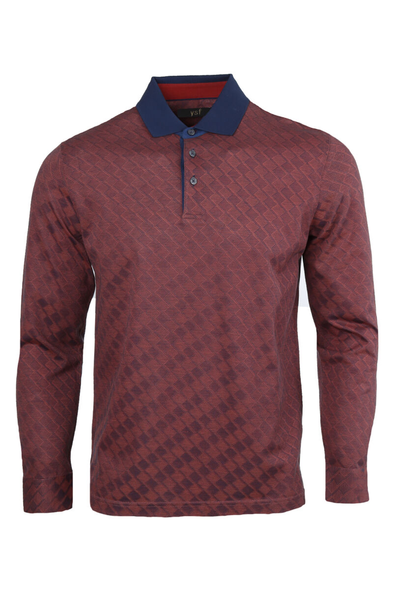 Erkek Bordo Klasik Desenli Polo Yaka Sweatshirt - 1