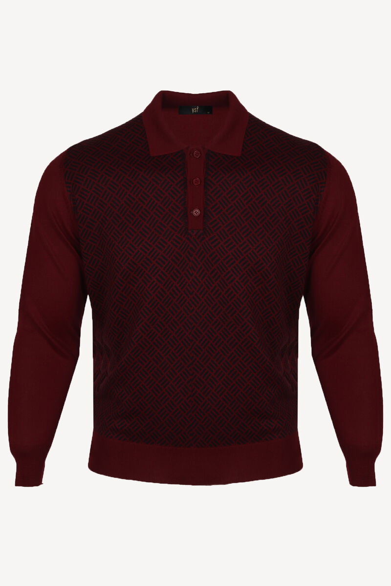 Erkek Bordo Klasik Polo Yaka Desenli Triko - 1