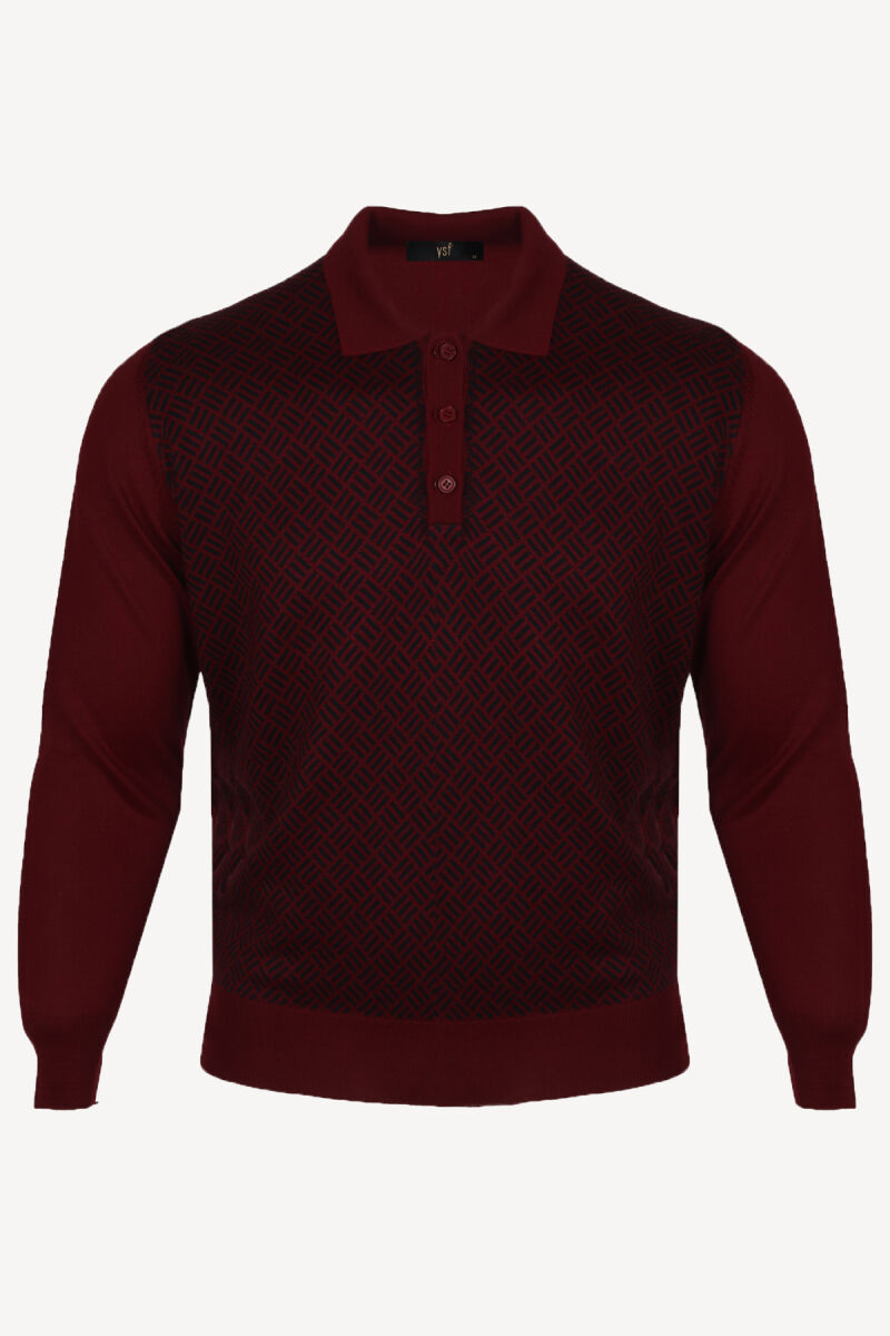 Erkek Bordo Klasik Polo Yaka Desenli Triko - 1